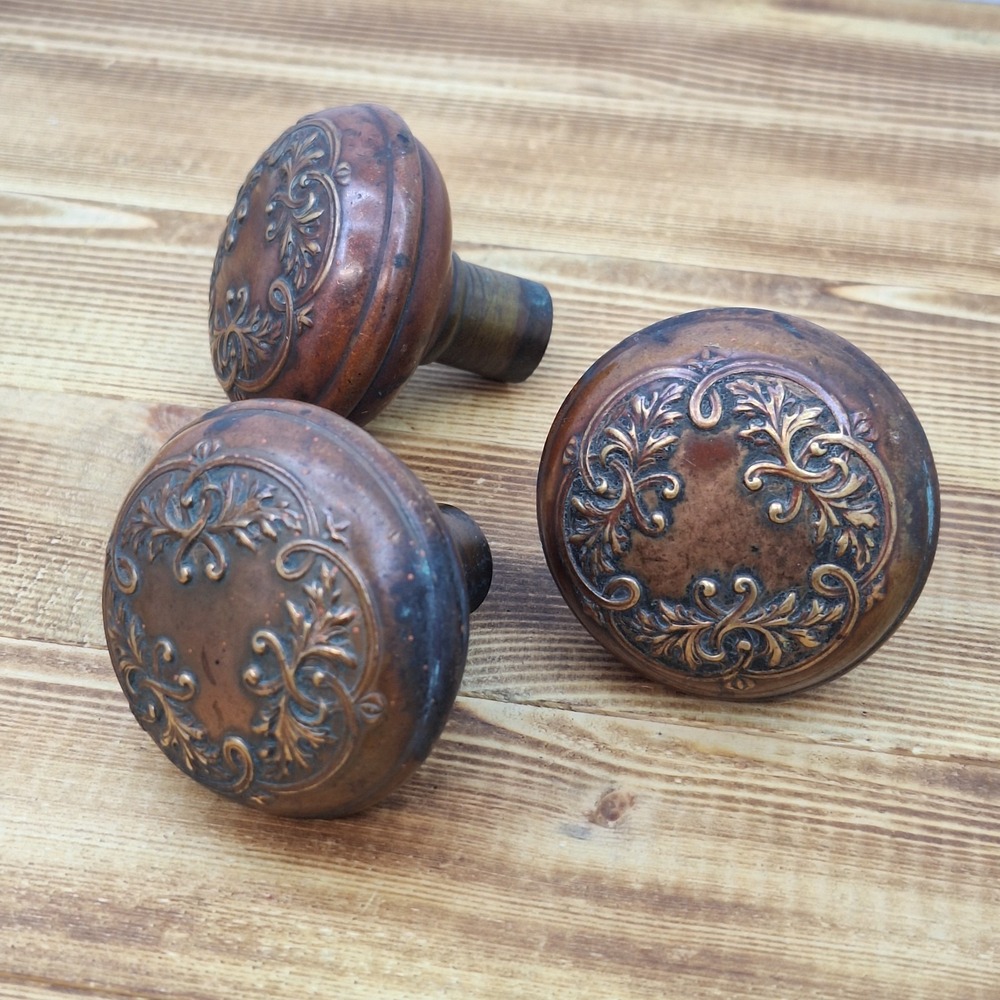 X3 Antique Ornate Embossed Door Knob Set Of 3 Metal Vintage Stamped Knobs